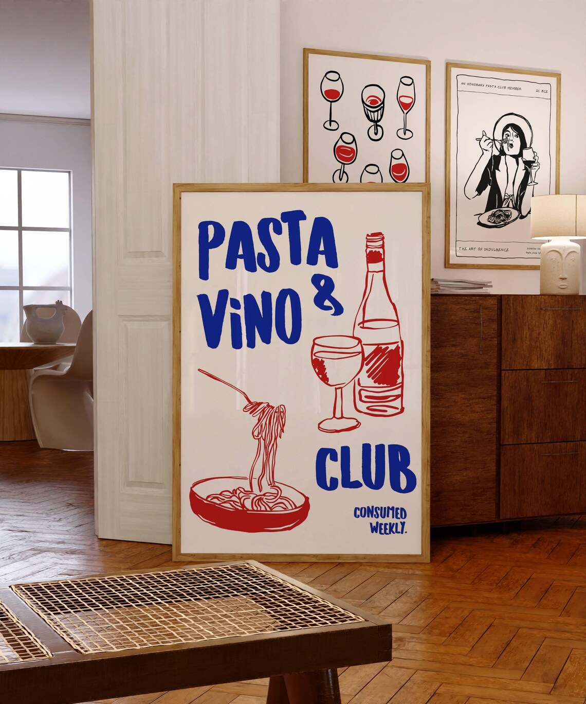 Pasta and Vino Club Retro Italian Kitchen Foodie Art Poster for Cooks