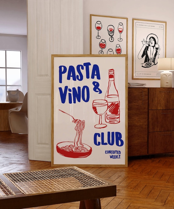 Pasta and Vino Club Retro Italian Kitchen Foodie Art Poster for Cooks