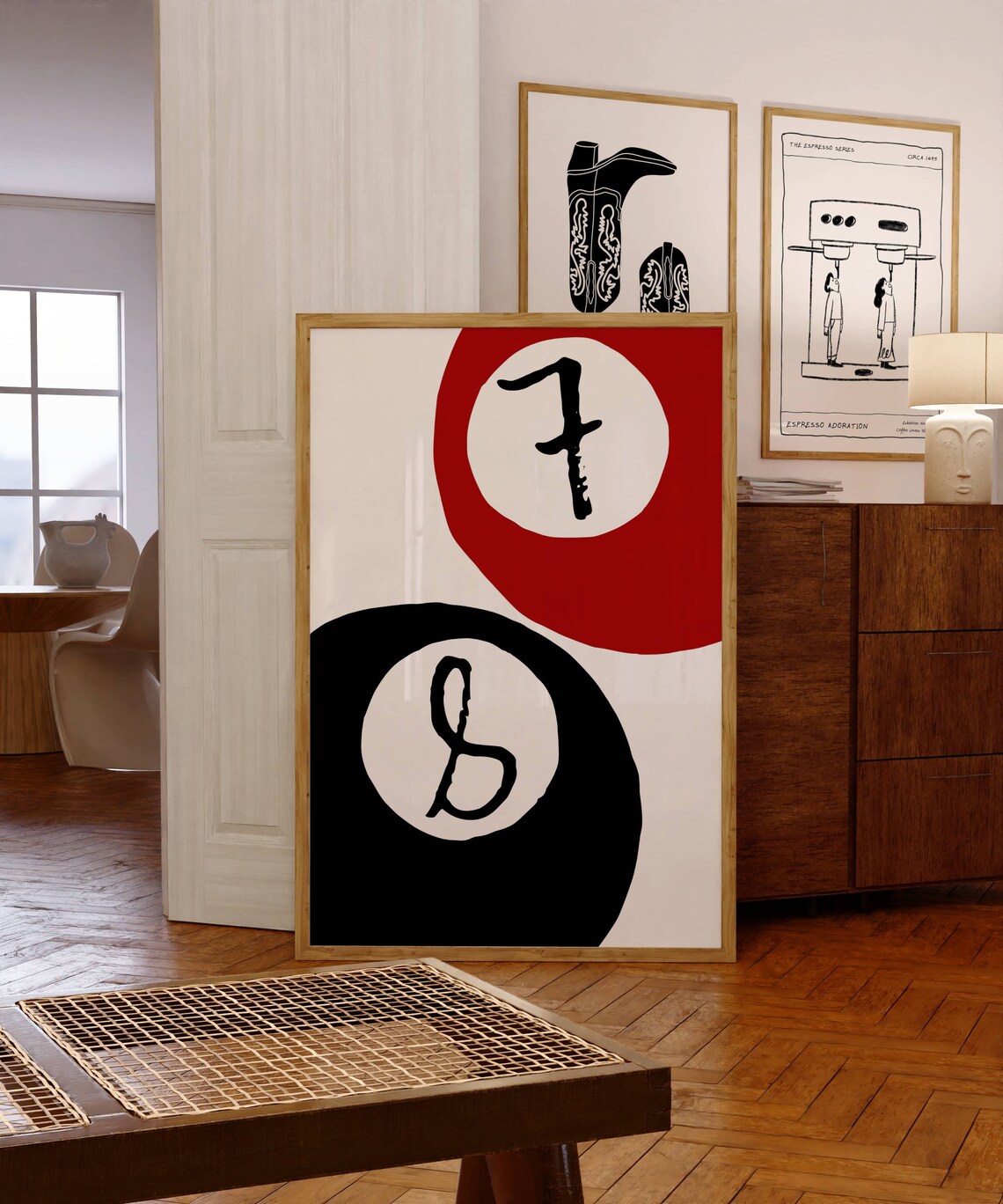 Retro Lucky 7 and 8 Pool Balls Mid Century Modern Art Print Bar Cart