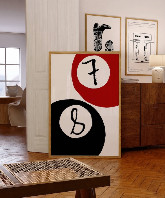 Retro Lucky 7 and 8 Pool Balls Mid Century Modern Art Print Bar Cart