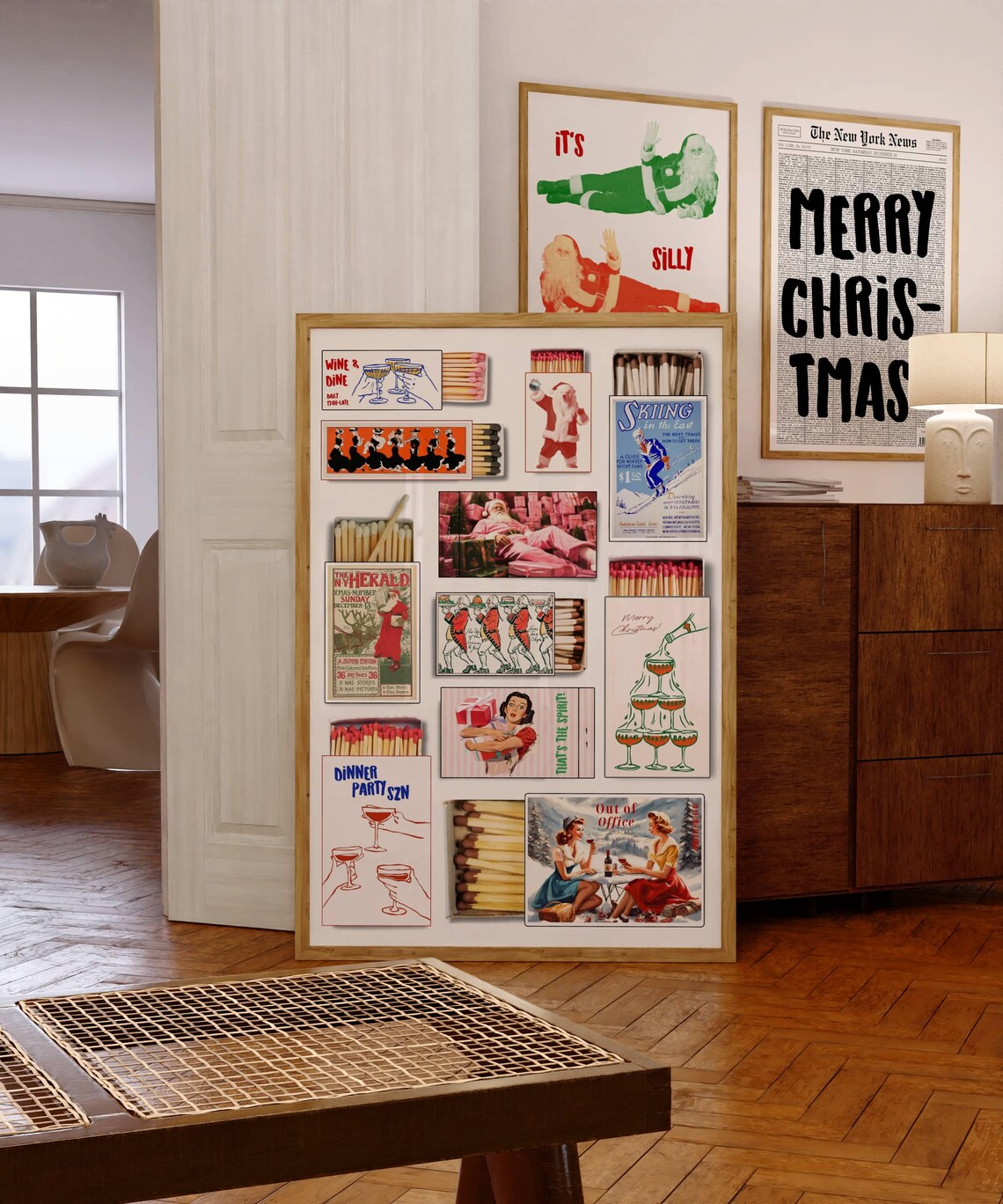 Vintage Retro Christmas Matchbox Collage Festive Holiday Art Poster