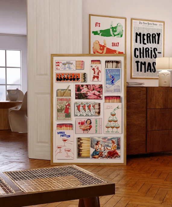 Vintage Retro Christmas Matchbox Collage Festive Holiday Art Poster