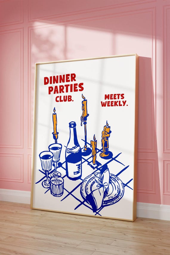Dinner Party Poster Happy Hour Wall Art Dinner Party Club Print Retro Bar Cart Art Trendy Kitchen Print Bar Cart Accessories Bar Print