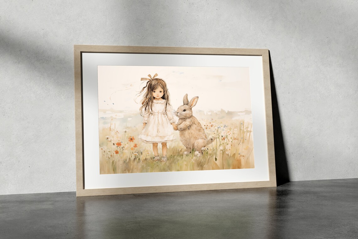 Little Girl with Bunny in a Wildflower Meadow Nursery Wall Art - Image 3