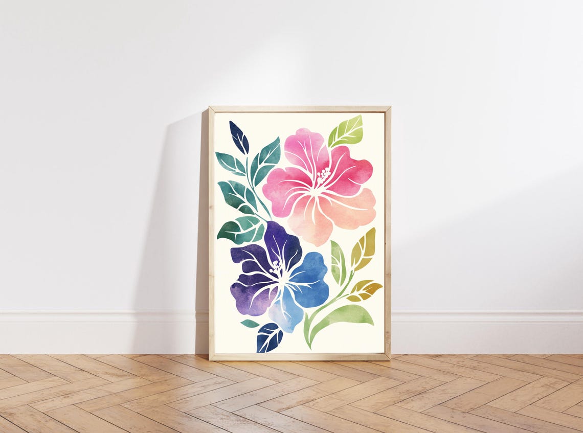Pink Purple Hibiscus Blooms Watercolor Botanical Home Decor Poster - Image 4