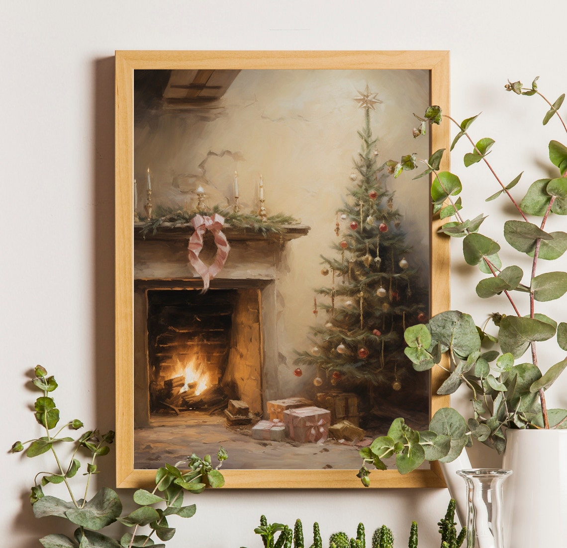 Rustic Fireplace with Lit Fire Candles and Pink Ribbon Bow Poster