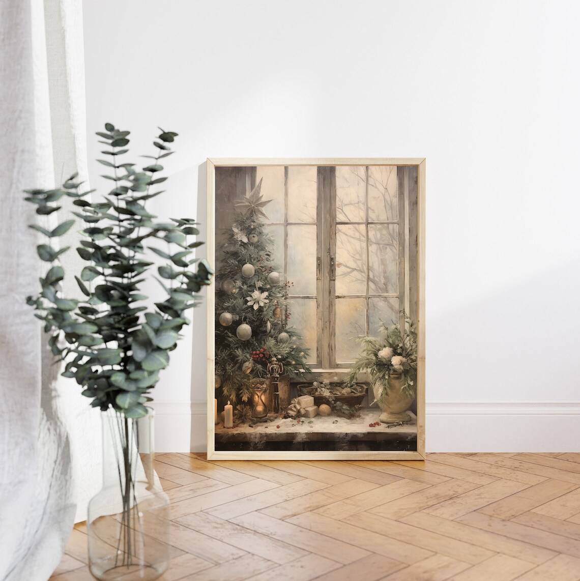 Snowy Christmas Tree by Frosty Window with Glowing Candles Poster - Image 4