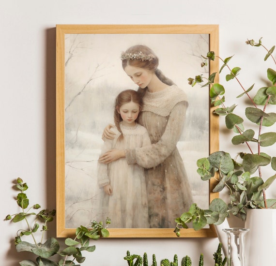 Mother Daughter Painting Mother And Daughter Art Motherhood Painting Girl Bedroom Wall Art Nursery Neutral Art Moody Print