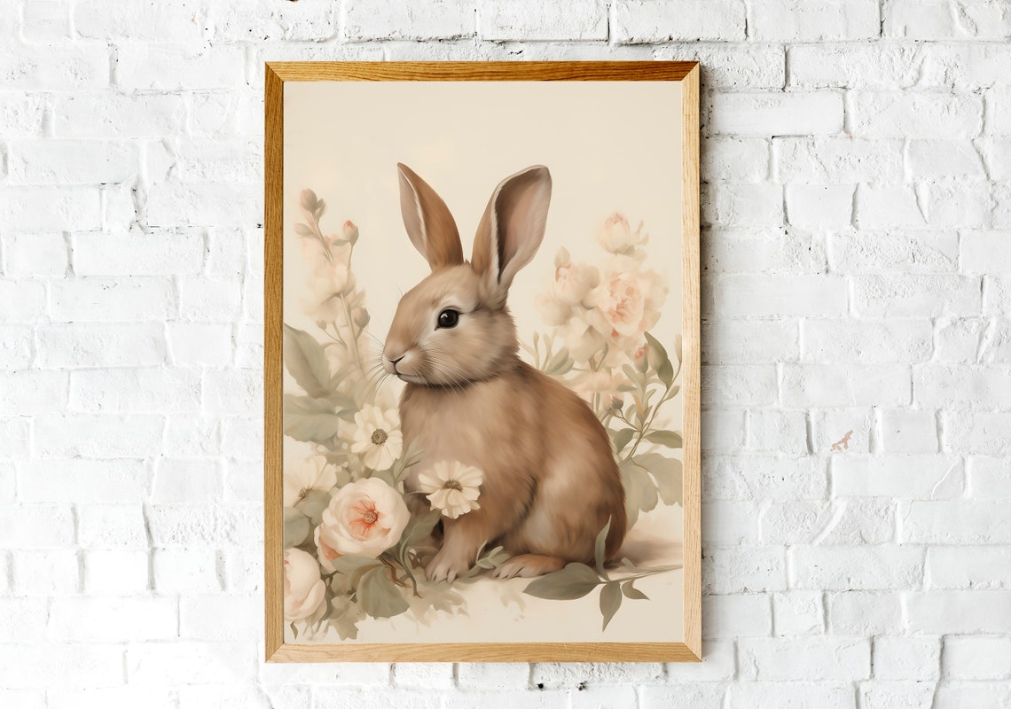 Tan Rabbit Portrait Among Roses Vintage Spring Nursery Wall Art - Image 2