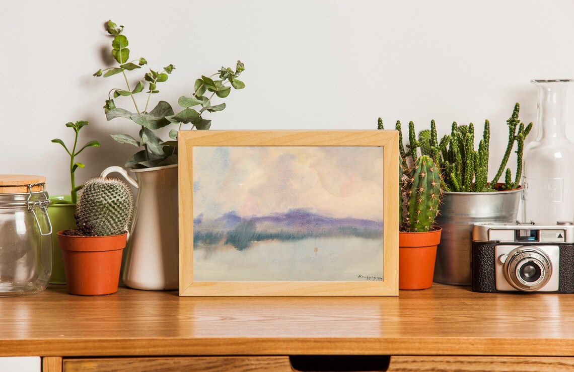 Misty Lake Watercolor Landscape Minimalist Purple Mountains Art Poster - Image 2