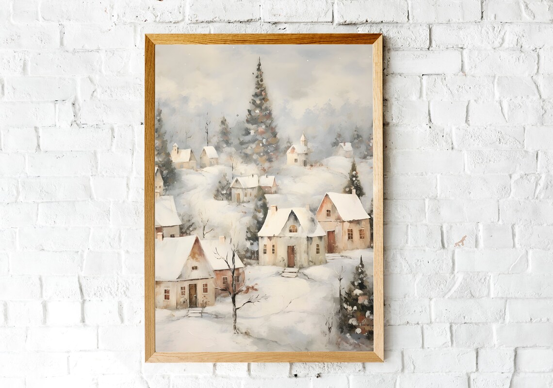Vintage Winter Village Painting, Moody Winter Landscape - Image 2