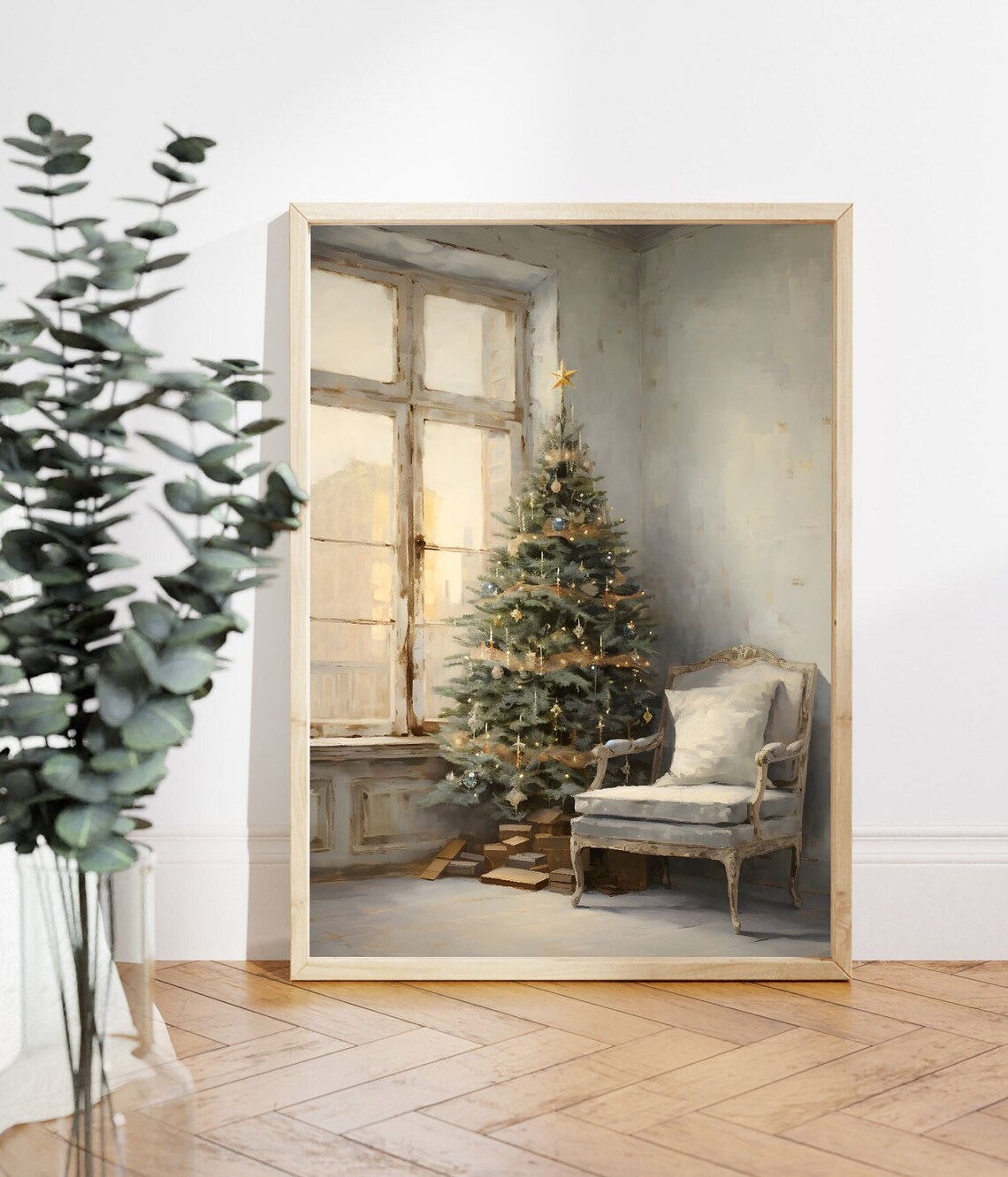 Christmas Tree by Window Beside French Armchair Neutral Art Poster - Image 4