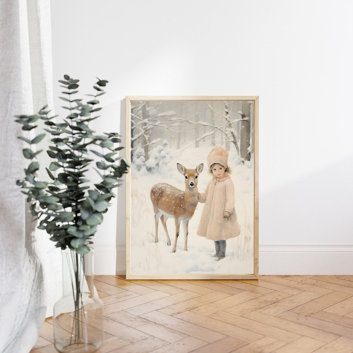 Girl With Deer Winter Illustration Christmas Nursery Wall Art Baby Deer Painting Christmas Nursery Room Decor Woodland Animal Art - Image 3
