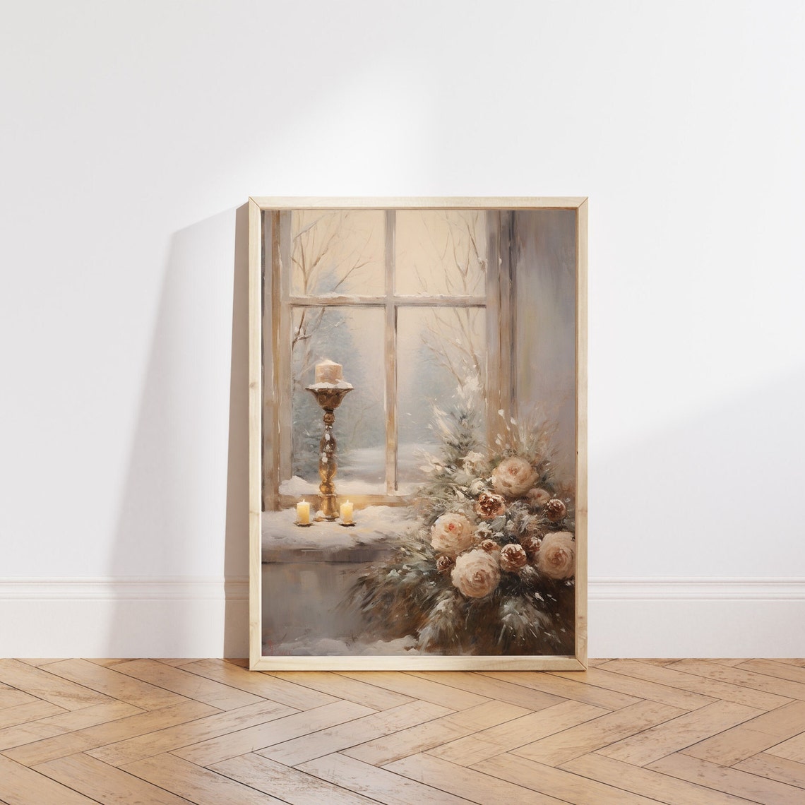Candlelit Winter Window with Roses and Pinecones Snowy Poster - Image 5