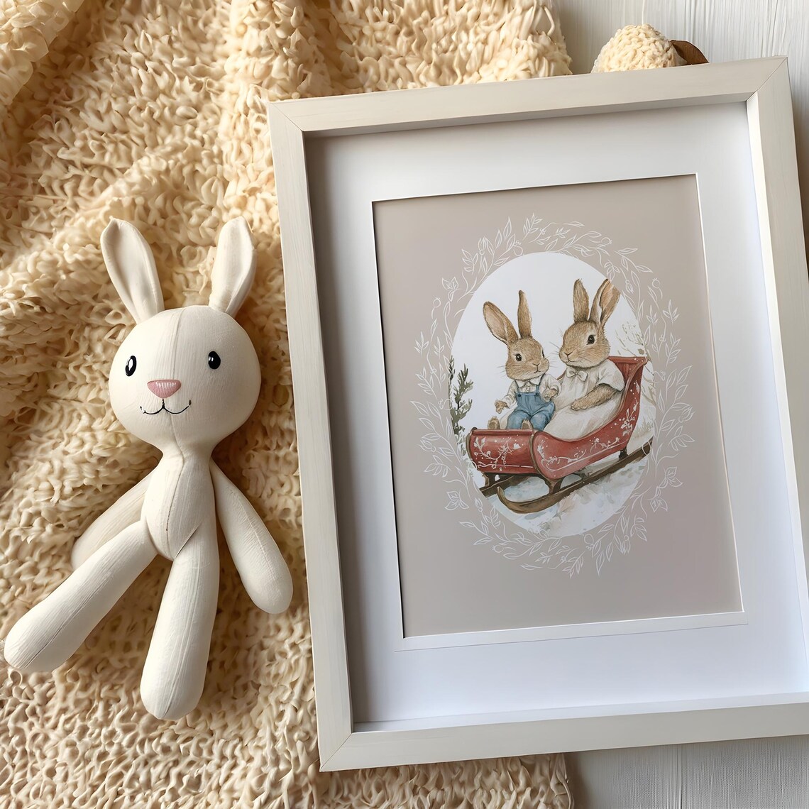 Two Cute Bunnies Riding a Red Sleigh in Snowy Winter Scene Poster - Image 5