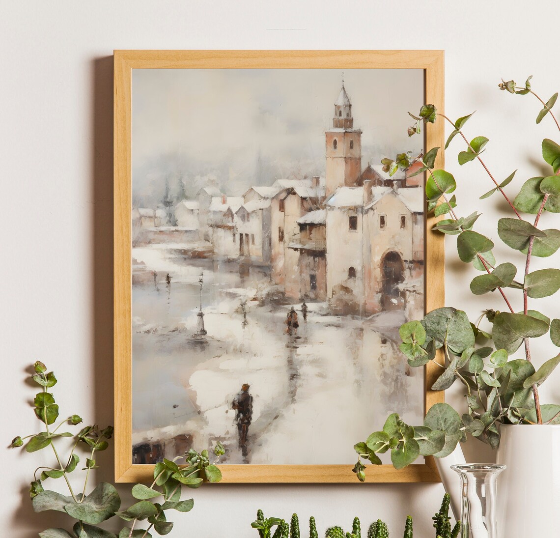 Snowy Historic Street with Church Spire and Wet Reflections Poster