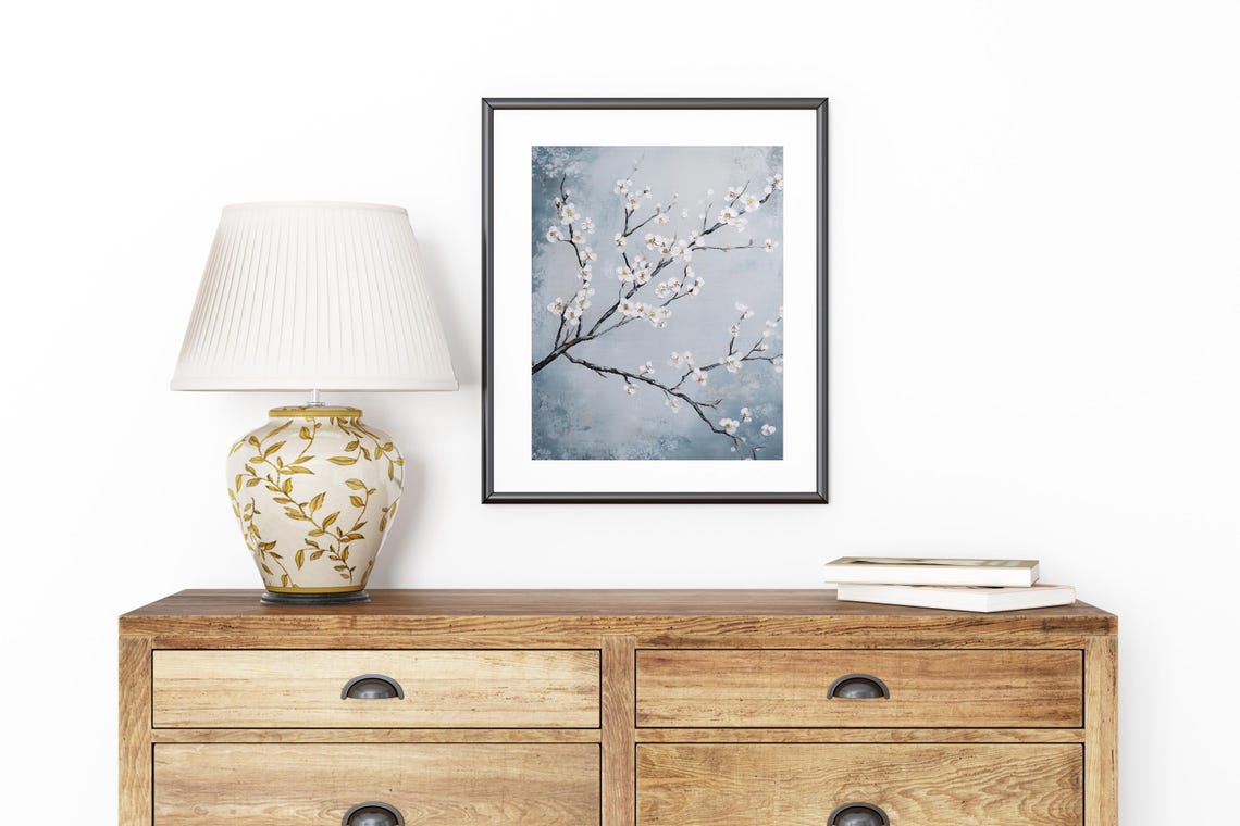 White Cherry Blossom Branches Blue Gray Japandi Home Decor Poster - Image 8