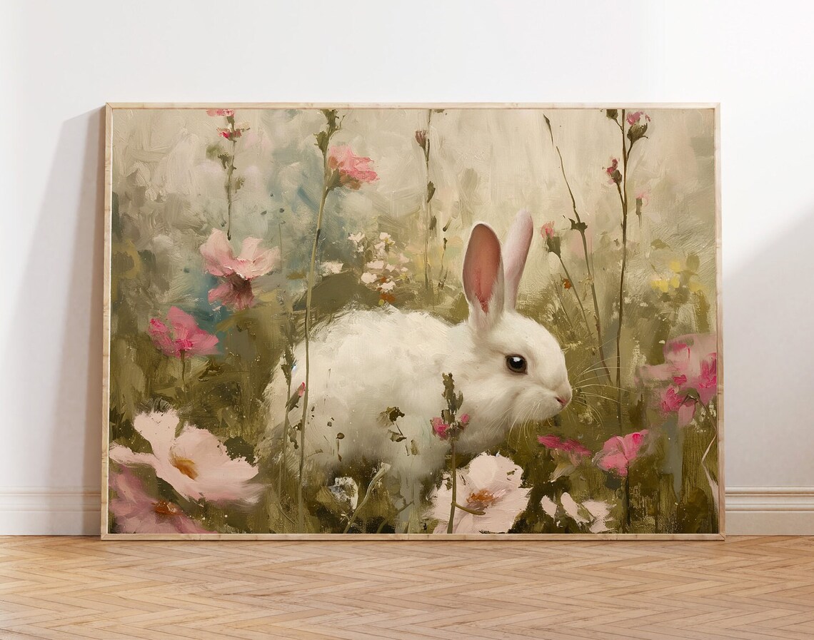 Bunnies in Wildflower Field, Vintage Spring Art Print