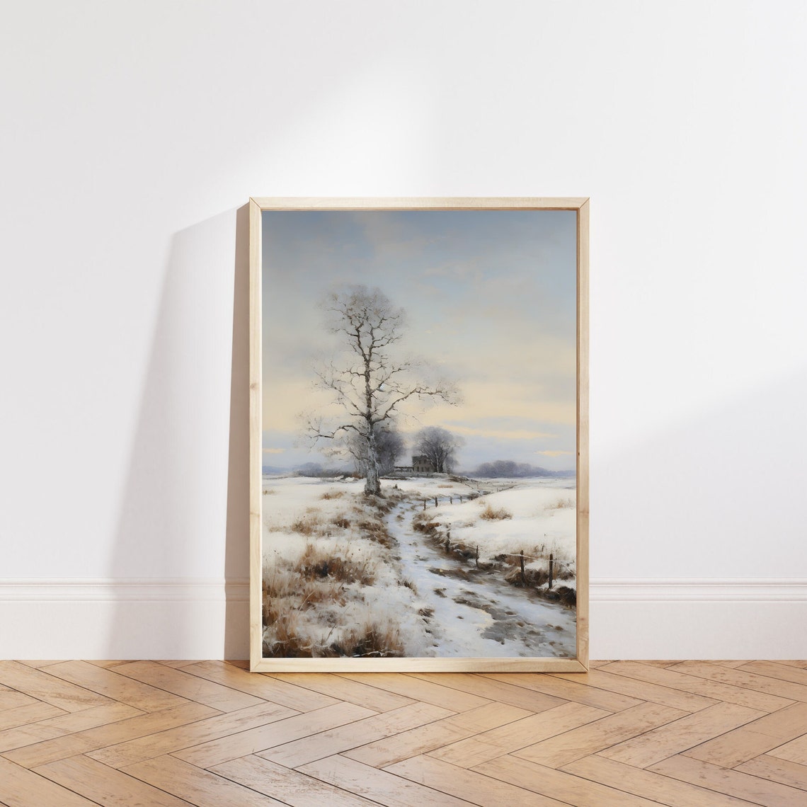 Lone Tree in Snowy Field with Frozen Stream and Farmhouse Poster - Image 4