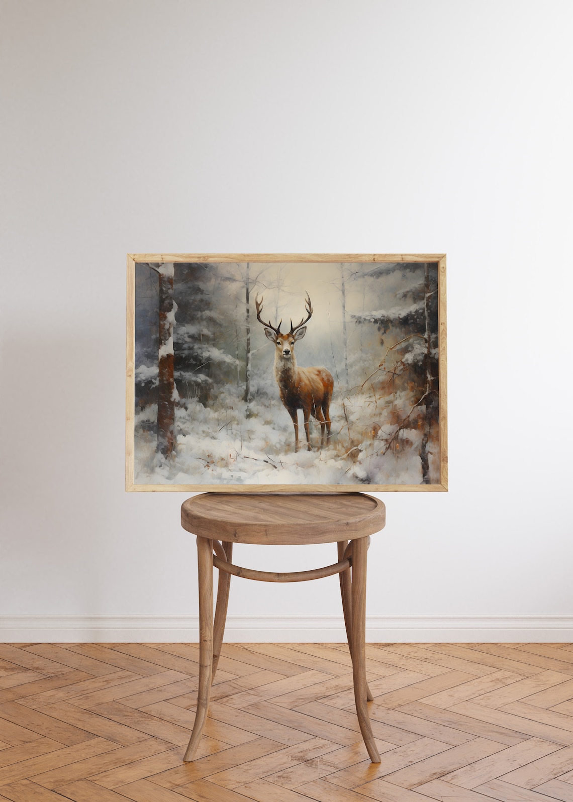 Stag in Snowy Pine Forest Gazing at Viewer Winter Wildlife Poster - Image 5