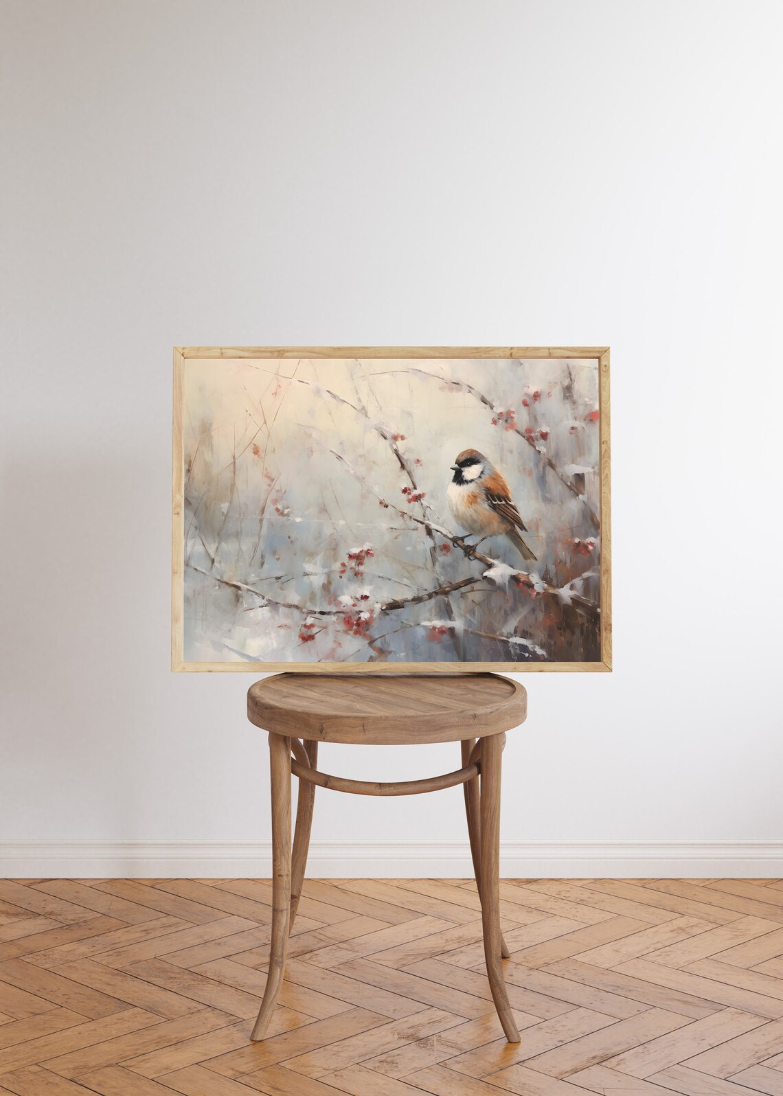 Chickadee on a Snowy Berry Branch Winter Bird Painting Wall Art - Image 6