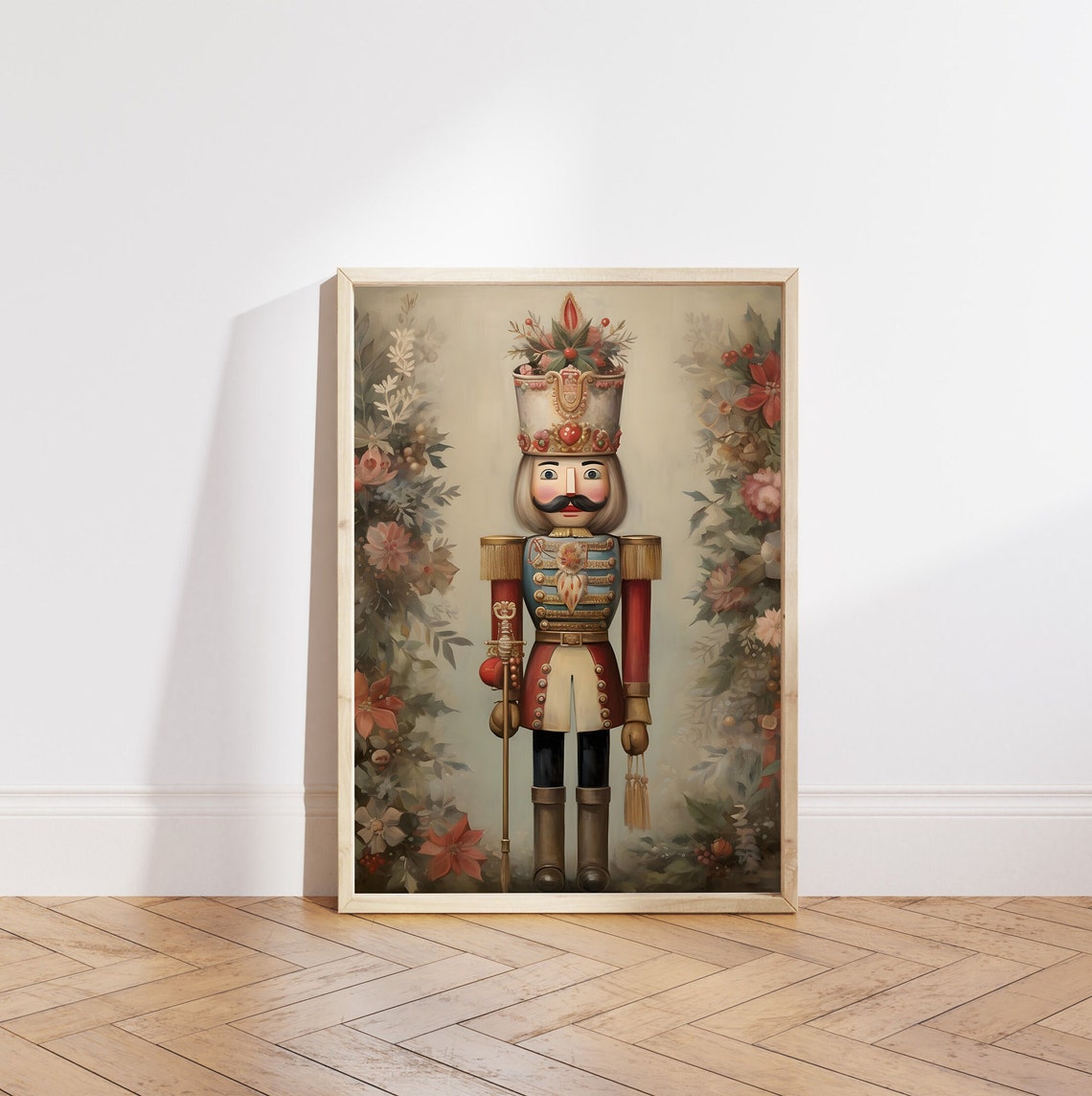 Nutcracker Soldier with Berry Crown Floral Background Poster - Image 5