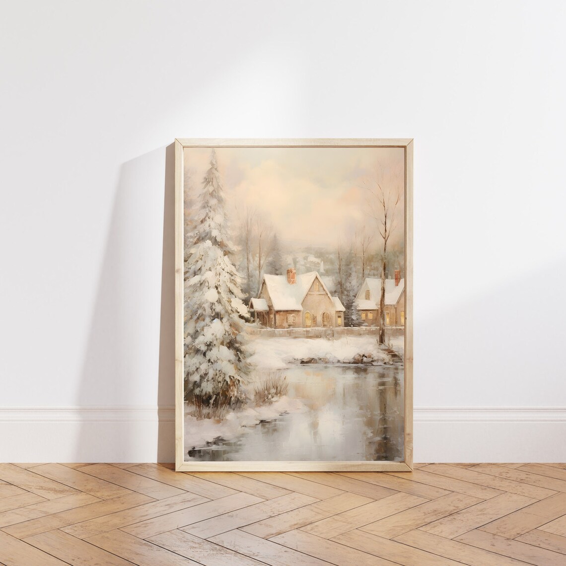 Snowy Cabins by a Frozen Pond with Tall Pines Winter Scene Poster - Image 4