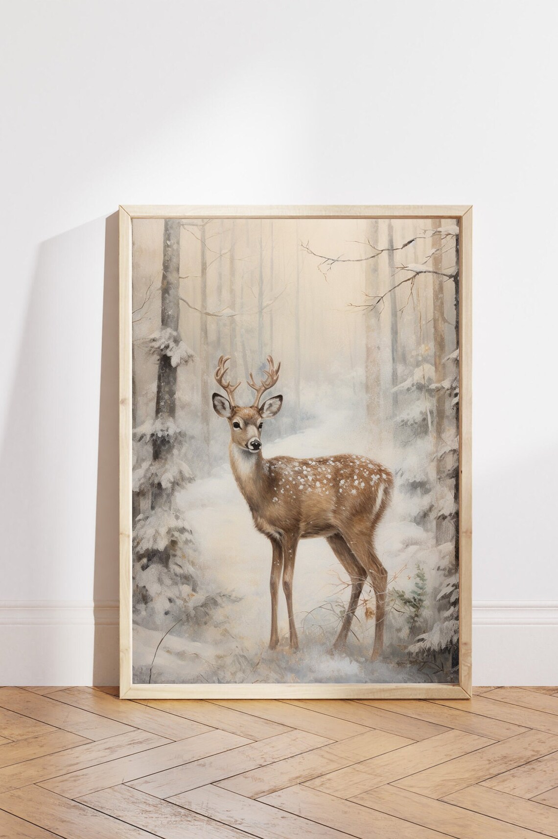 Vintage Christmas Deer Painting, Winter Forest Art Print - Image 5