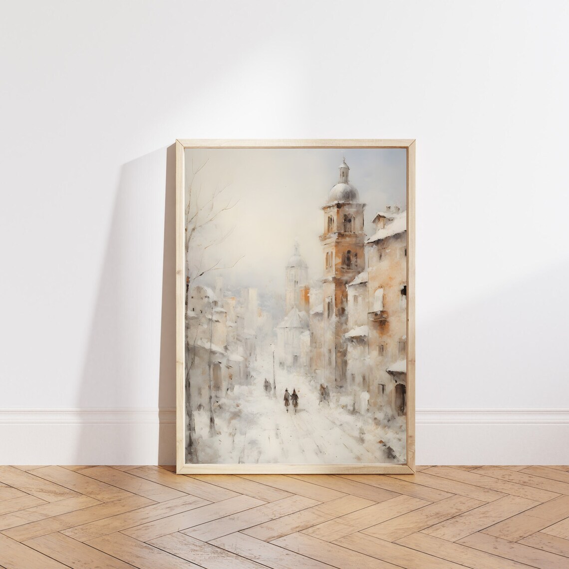 Snowy Old Town Street with Church Towers in Soft Winter Oil Poster - Image 5