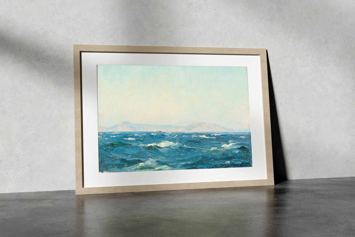 Bright Blue Ocean Waves Distant Coast Vintage Seascape Painting Poster - Image 4
