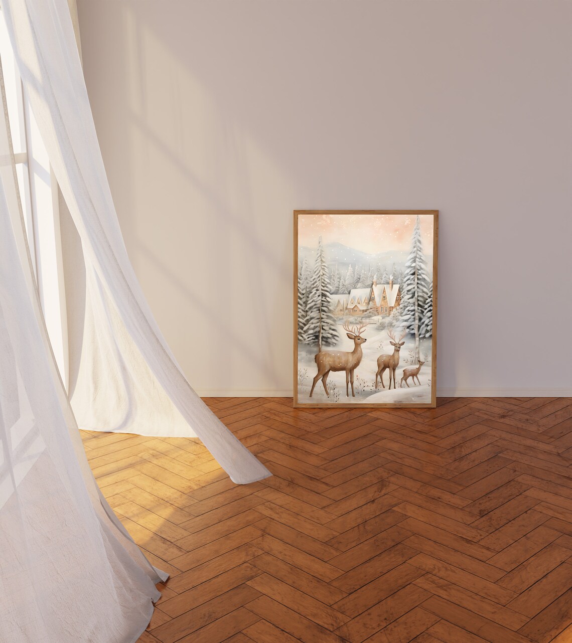 Three Deer in Snowy Pine Forest with Chalet at Pink Sunrise Poster - Image 4
