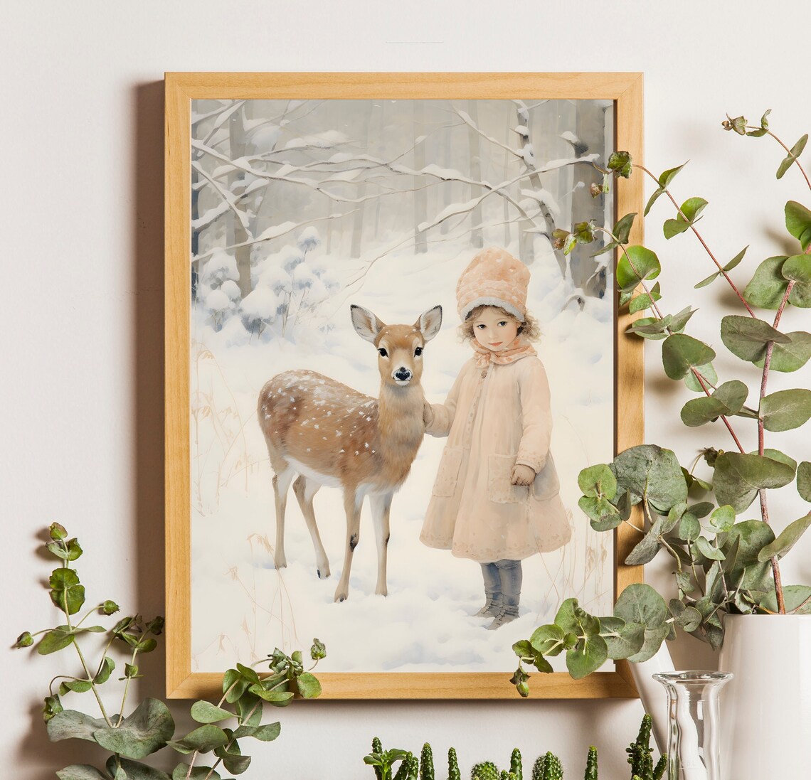 Child And Spotted Fawn Friends In The Snowy Woods Winter Poster