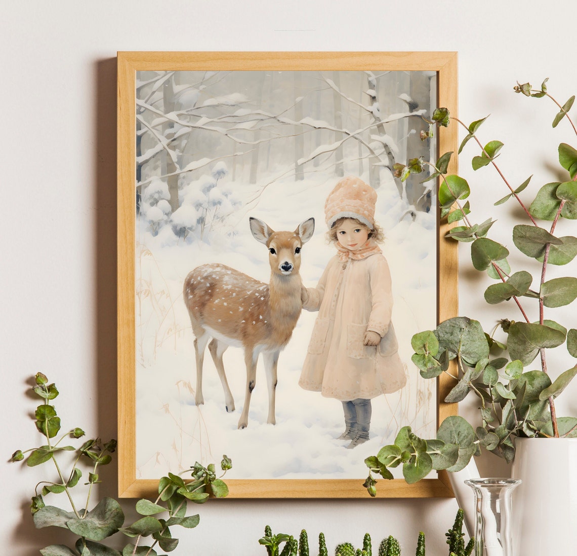 Girl With Deer Winter Illustration Christmas Nursery Wall Art Baby Deer Painting Christmas Nursery Room Decor Woodland Animal Art