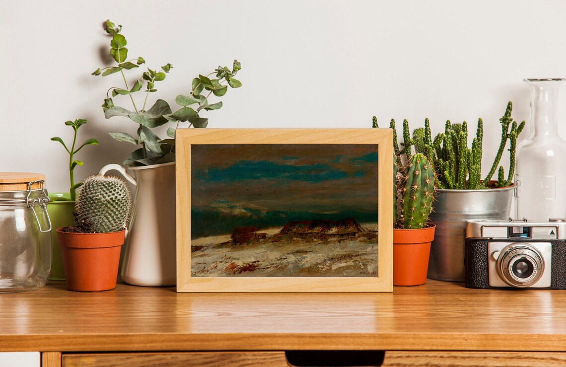 Dark Moody Mountain Twilight Shore Muted Antique Painting Poster - Image 2