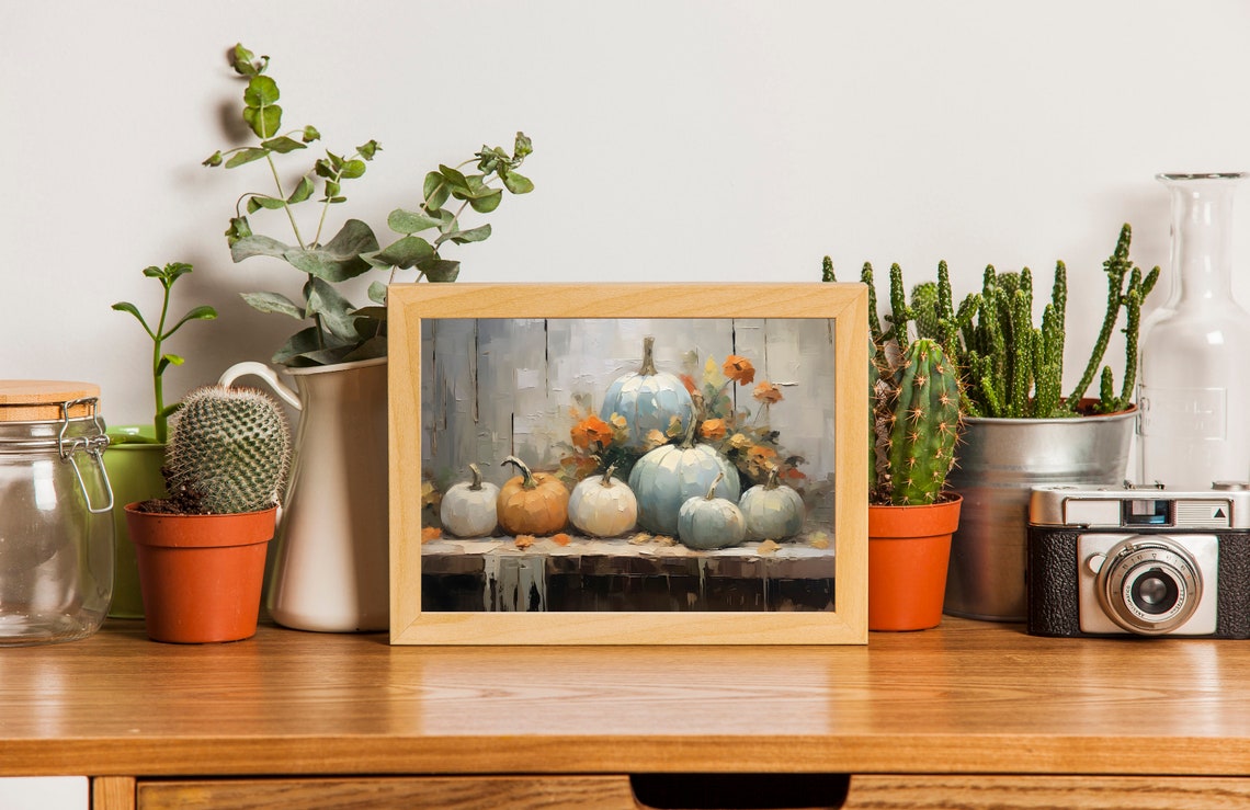 Blue and White Pumpkins with Bright Fall Flowers Autumn Wall Art - Image 3