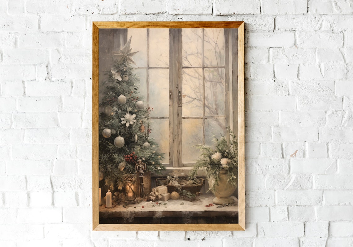 Snowy Christmas Tree by Frosty Window with Glowing Candles Poster - Image 2