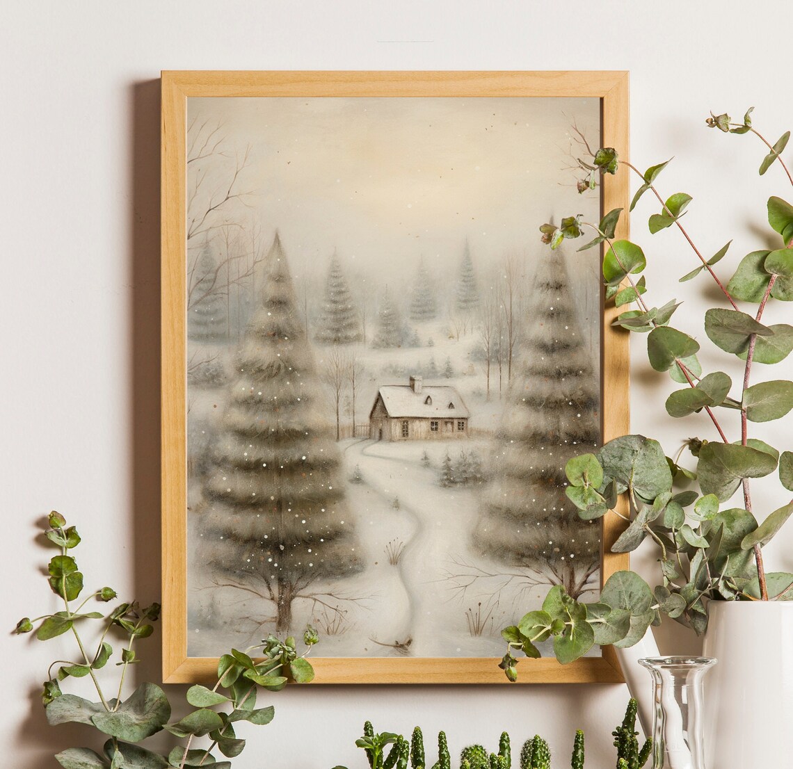 Snowy Cabin among Frosted Pines Quiet Winter Landscape Poster