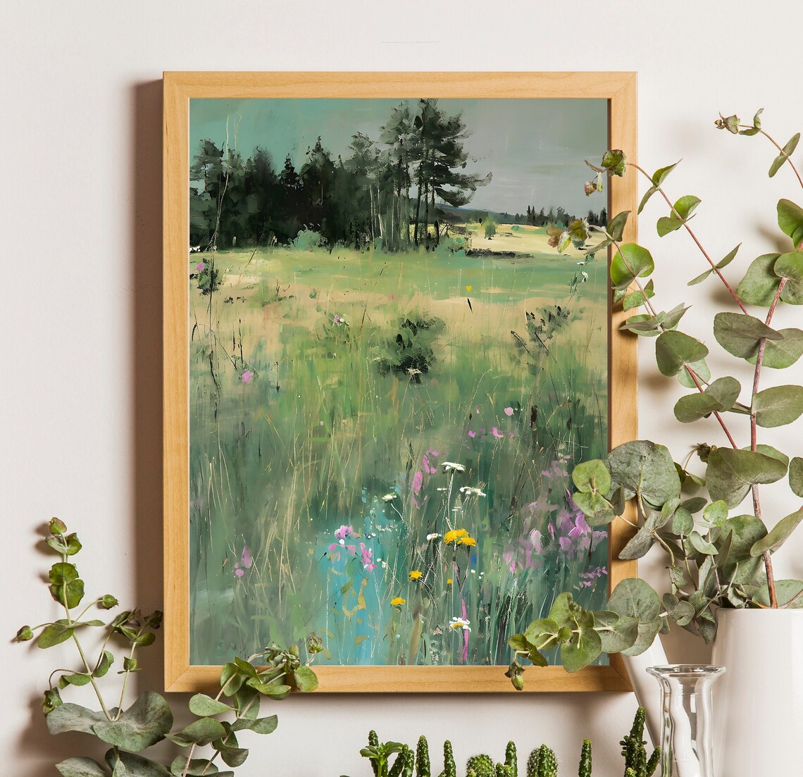 Spring Meadow Painting Wildflowers Pine Forest Hazy Pastel Art Poster