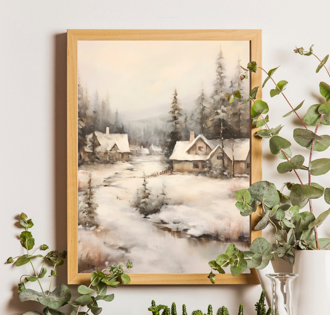 Snowy Forest Cabins with Winding Stream in Misty Winter Poster