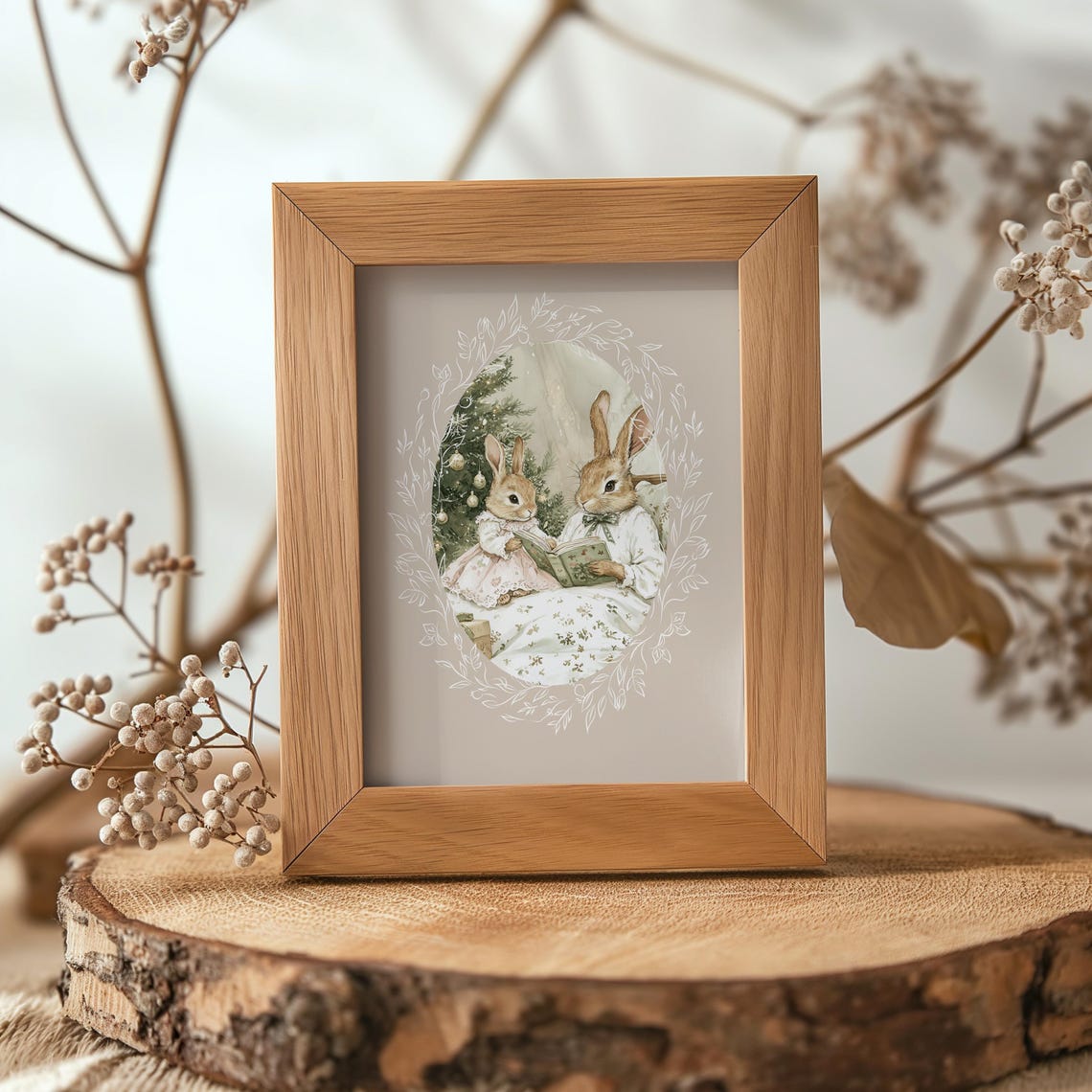 Two Bunnies Reading a Book Together in Bed by Christmas Tree Poster - Image 6