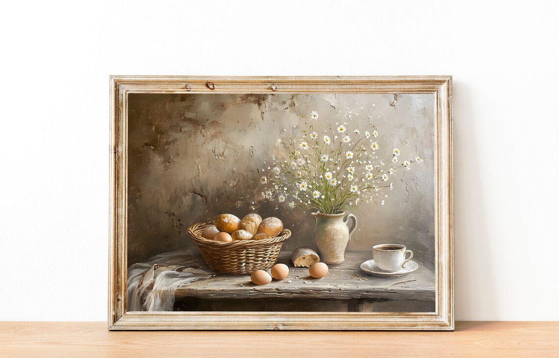 Farmhouse Breakfast Still Life Painting Eggs Daisies Rustic Art Poster - Image 2
