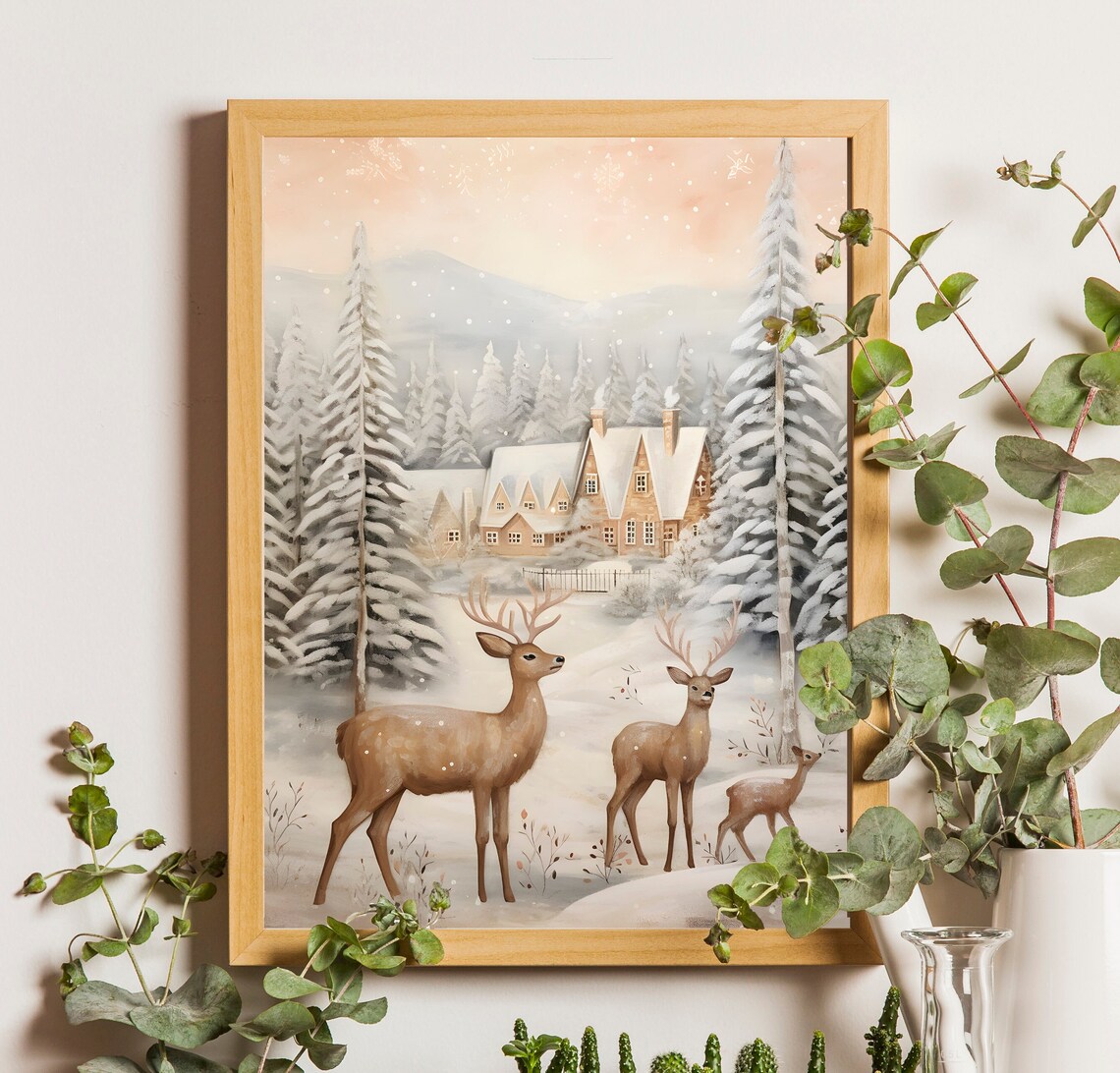 Three Deer in Snowy Pine Forest with Chalet at Pink Sunrise Poster