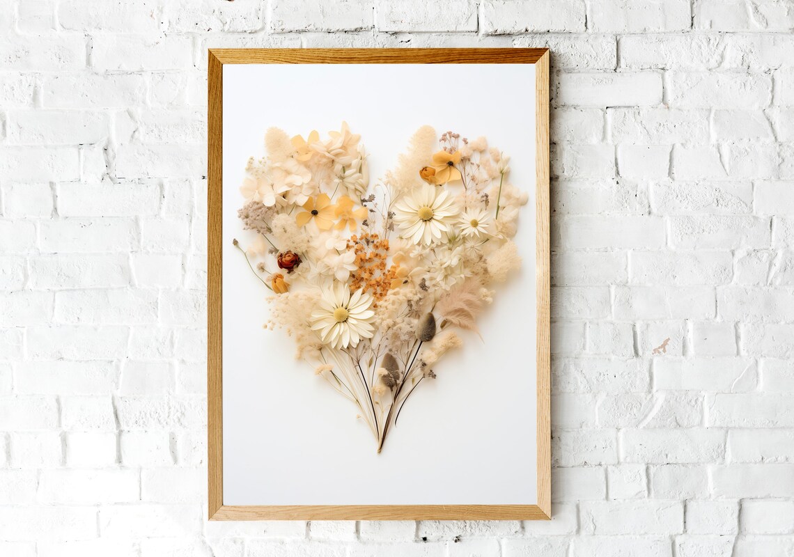 Neutral Dried Flower Heart Bouquet on White Minimalist Poster - Image 2