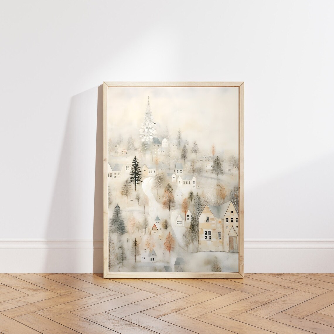 Dreamy Snowy Village with White Church Tower Pastel Watercolor Poster - Image 6