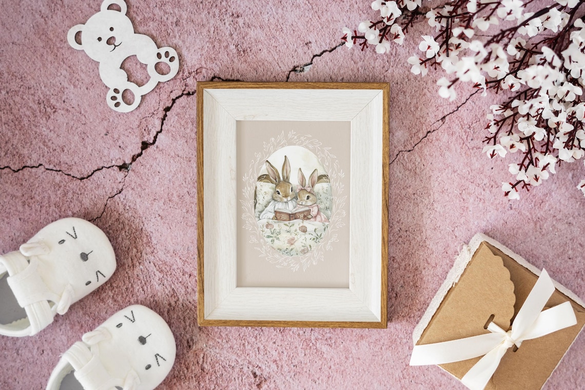 Two Bunnies in Nightgowns Reading a Book in a Floral Bed Poster - Image 3