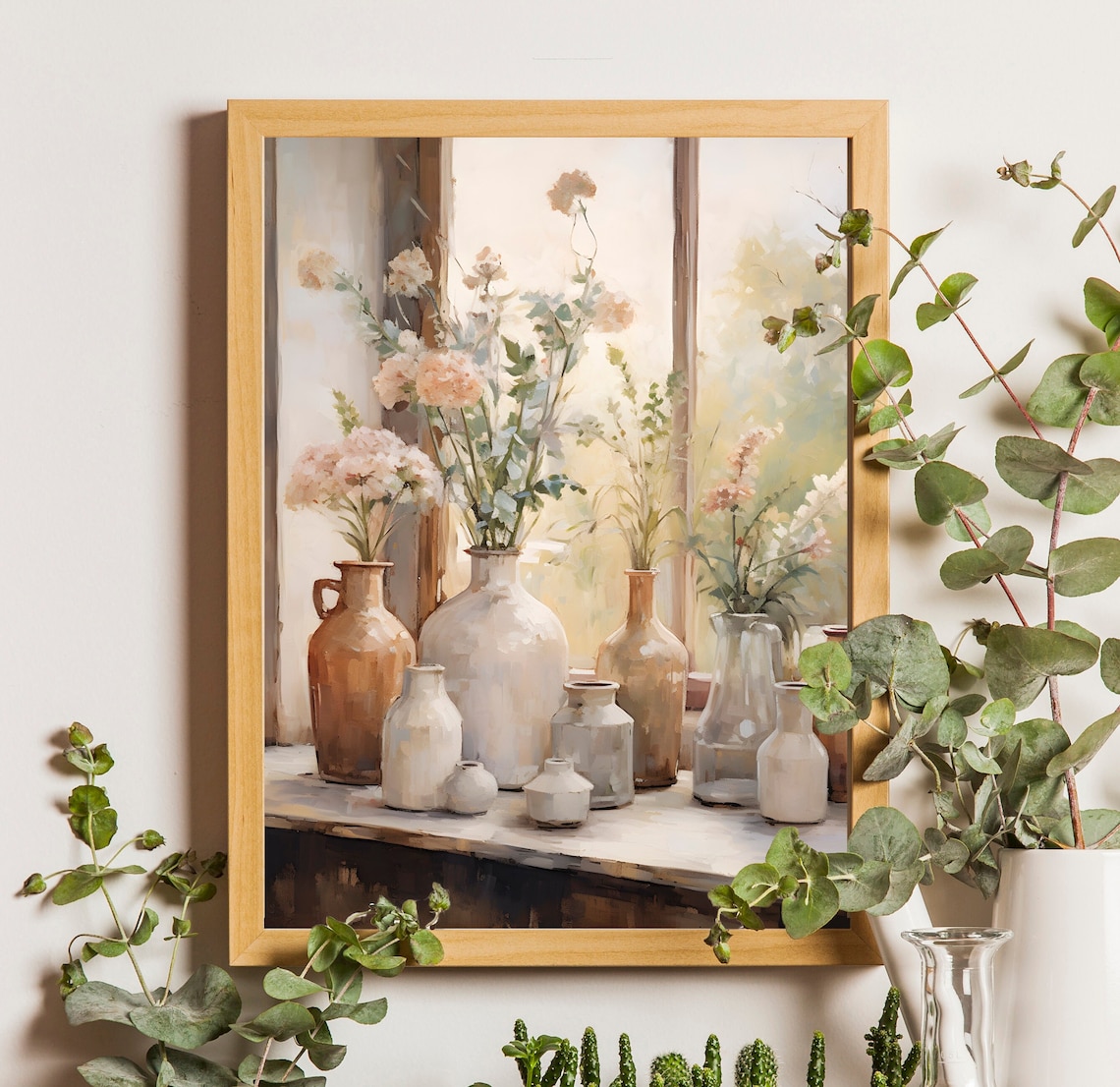 Clay Vases with Wildflowers on Sunlit Sill Watercolor Poster
