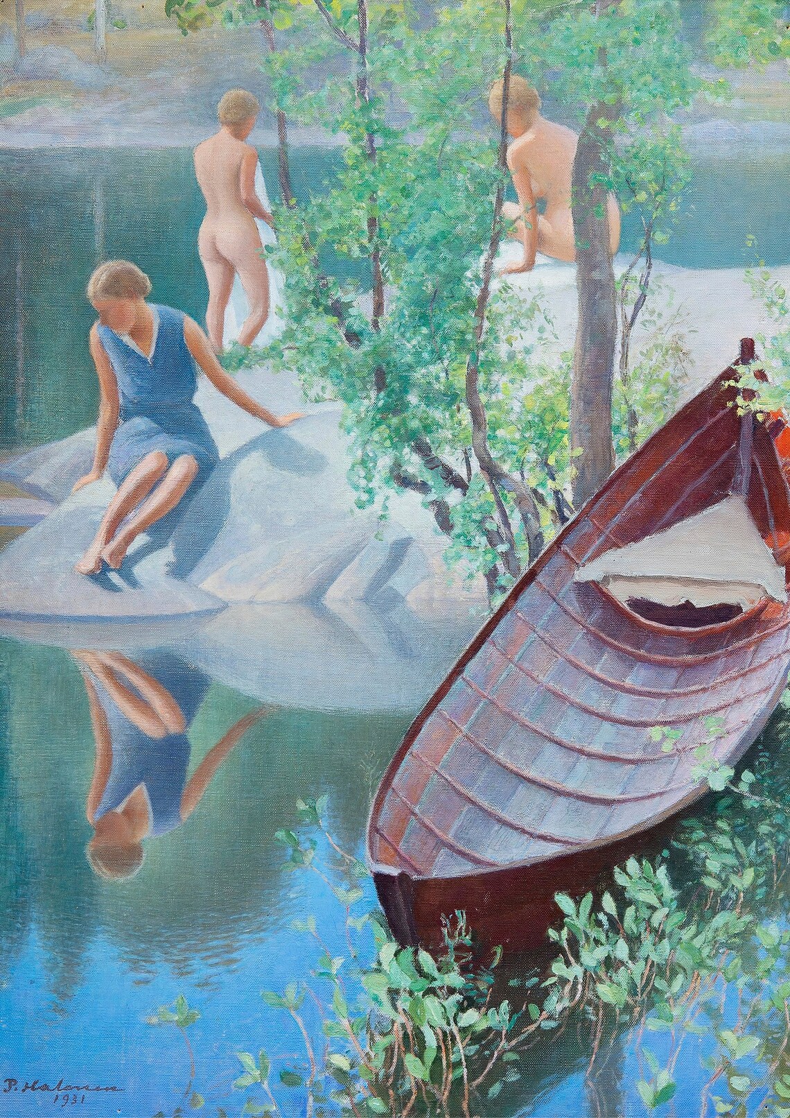 Summer Lake Bathers Woman In Blue Canoe 1931 Vintage Painting Poster - Image 7