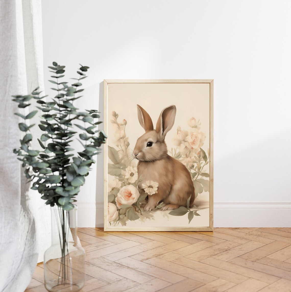 Tan Rabbit Portrait Among Roses Vintage Spring Nursery Wall Art - Image 3