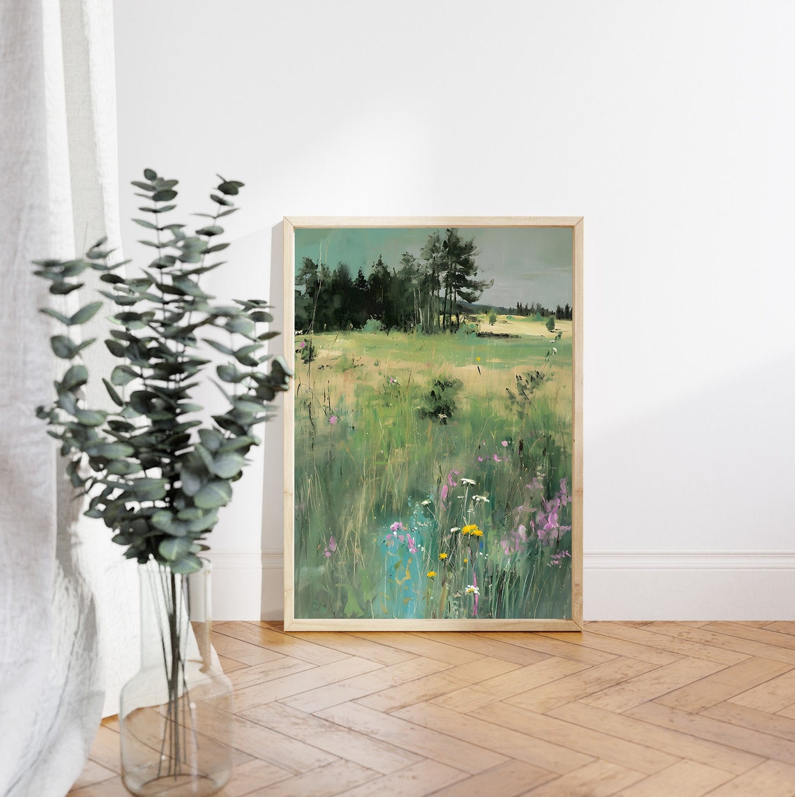 Spring Meadow Painting Wildflowers Pine Forest Hazy Pastel Art Poster - Image 4