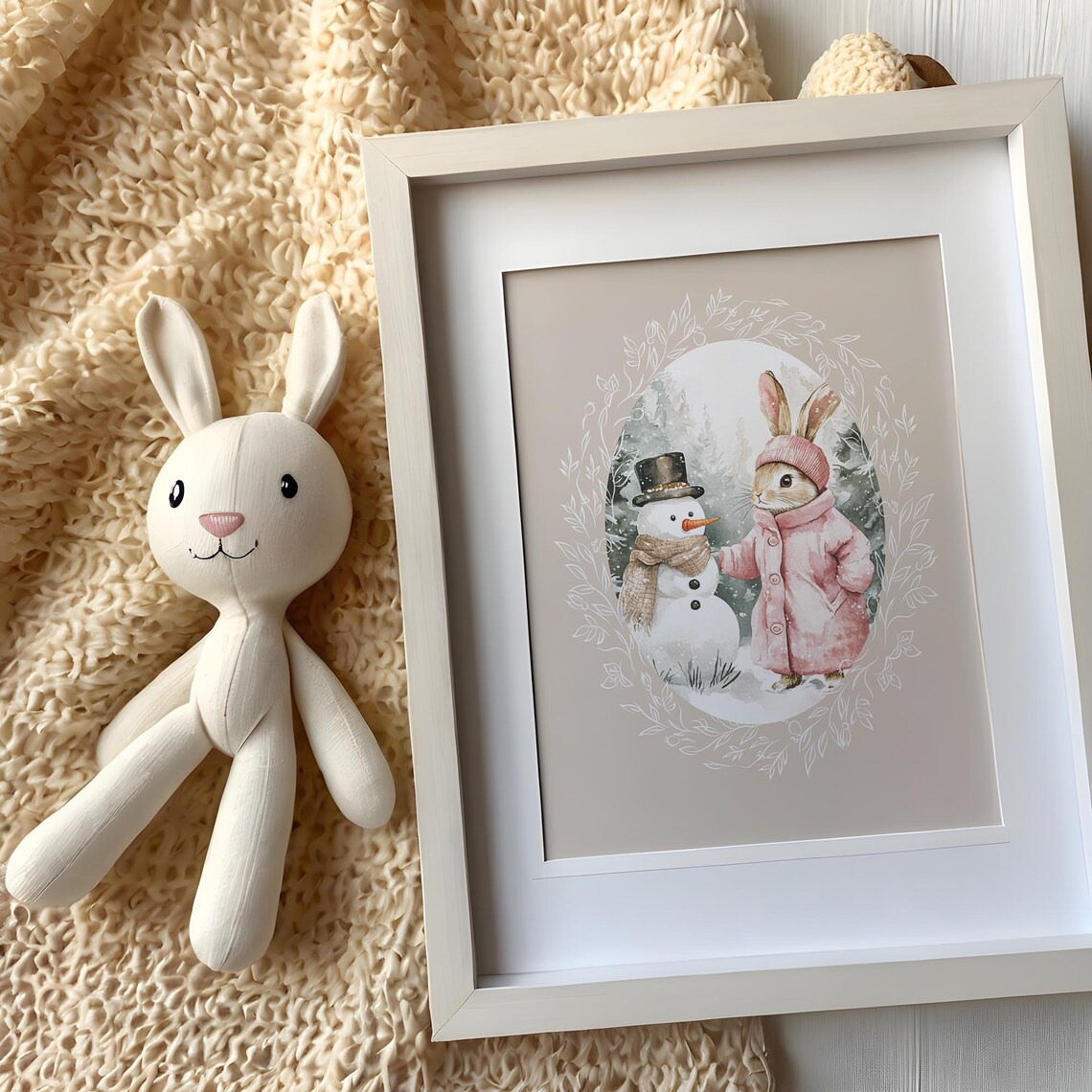 Bunny in Pink Coat Meeting a Snowman in Snowy Winter Woods Poster - Image 5